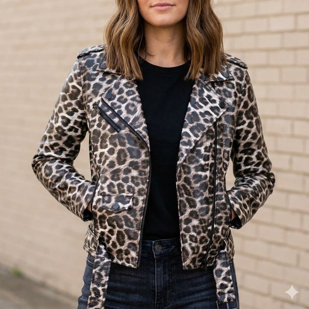 Women’s Leopard Animal Print Faux Leather Moto Jacket Size Medium